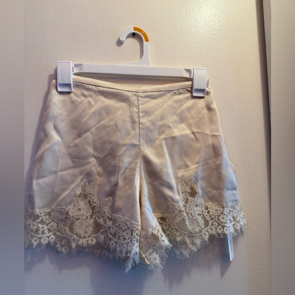 Reformation Cream Satin Lace-Trim Sleep Shorts